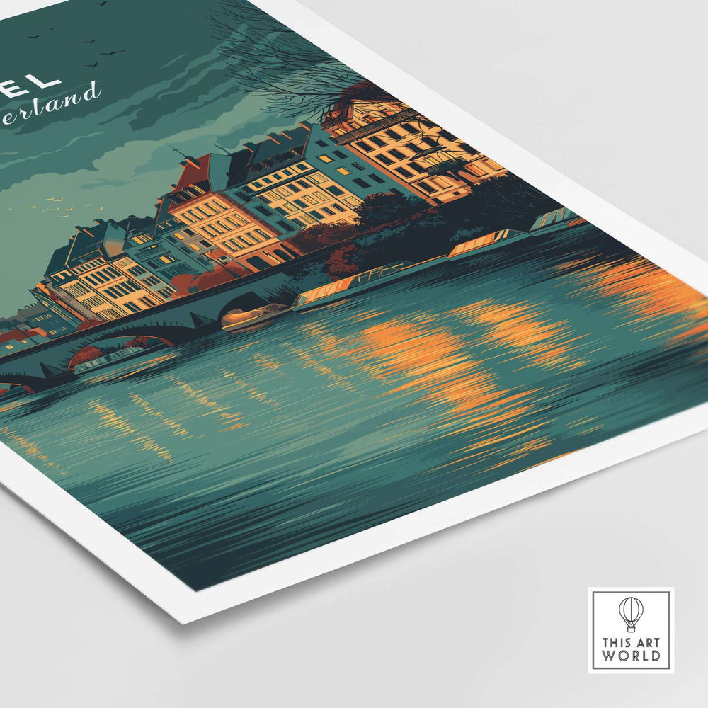 Basel Switzerland night sky riverside print showcasing cityscape art and reflection on water.