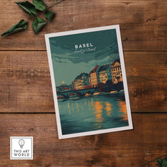 Basel Switzerland Night Sky Riverside Print - Swiss Cityscape Wall Art on wood background with reflections of buildings.