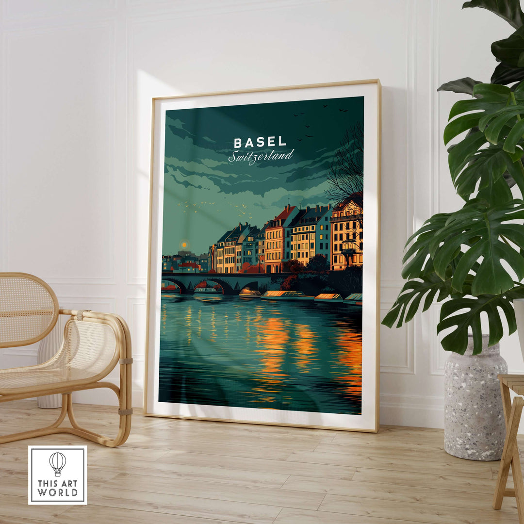 Basel Switzerland night sky riverside print showcasing skyline reflection and elegant ambiance in modern decor.