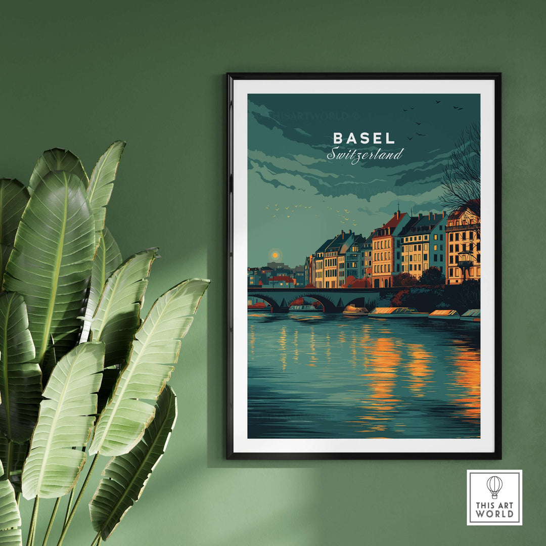 Basel Switzerland night sky riverside print, showcasing cityscape art on a green wall, framed with tropical plant beside.