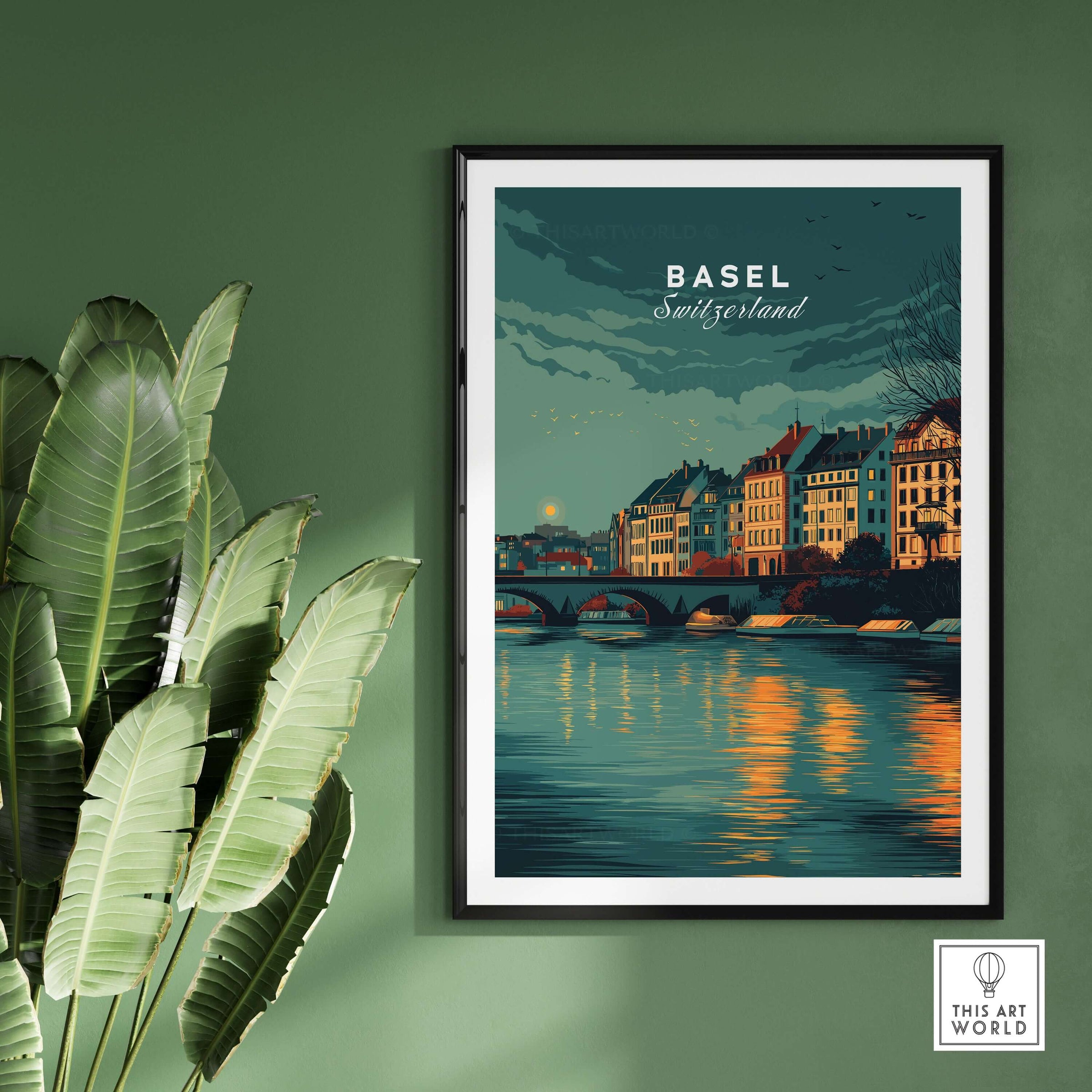 Basel Switzerland Night Sky Riverside Print - Swiss Cityscape Wall Art displayed on a green wall with decorative plants.