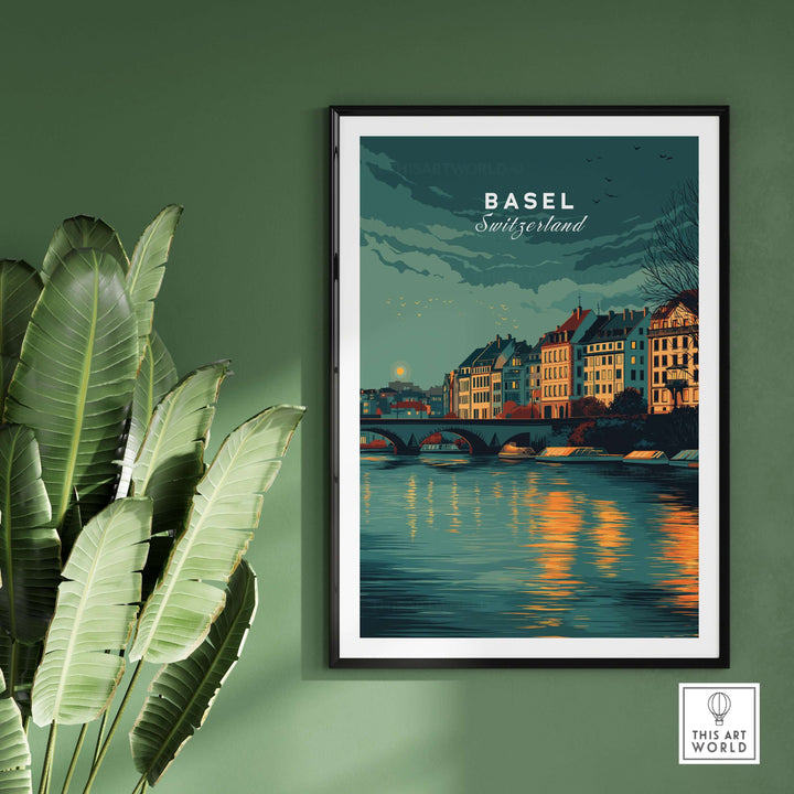 Basel Switzerland night sky riverside print, showcasing cityscape art on a green wall, framed with tropical plant beside.