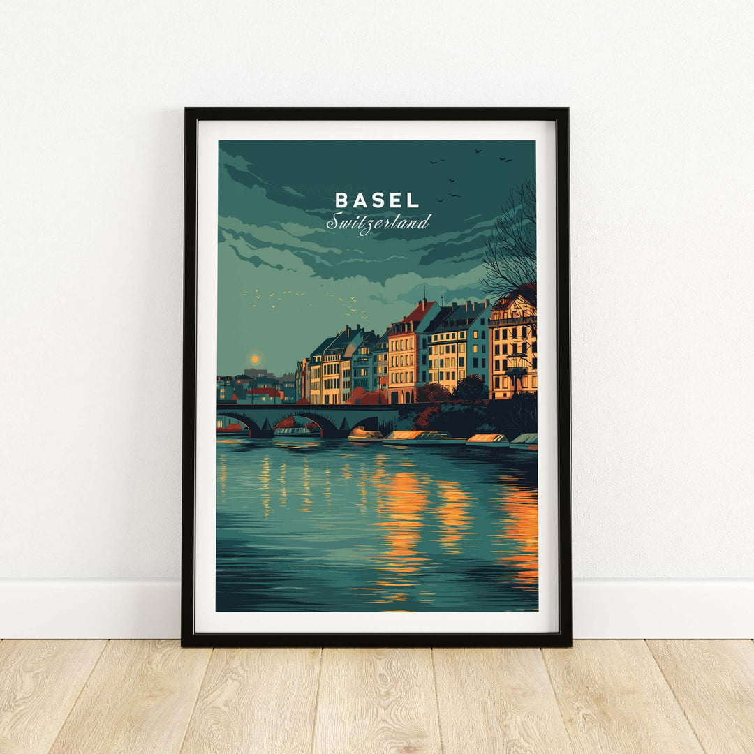 Basel Switzerland night sky riverside print showcasing cityscape wall art in elegant frame.