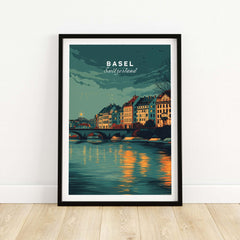 Basel Switzerland Night Sky Riverside Print - Swiss Cityscape Wall Art showcasing the illuminated riverside at night.