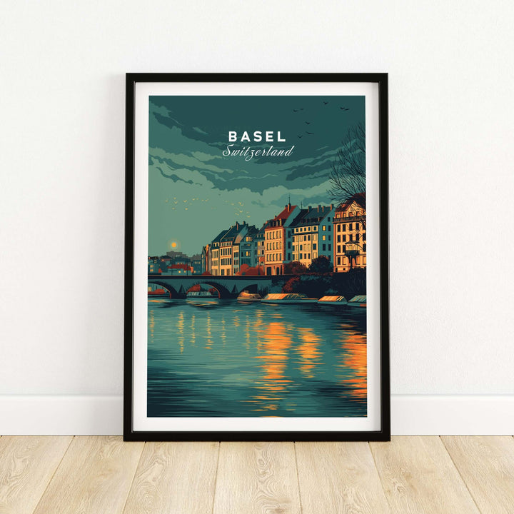 Basel Switzerland night sky riverside print showcasing cityscape wall art in elegant frame.