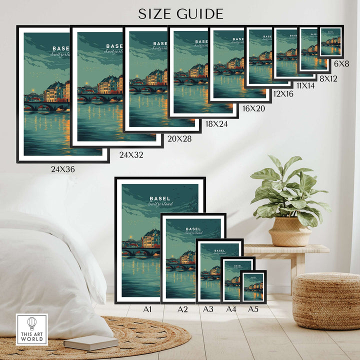 Size guide for Basel Switzerland night sky riverside print showcasing various frame dimensions.