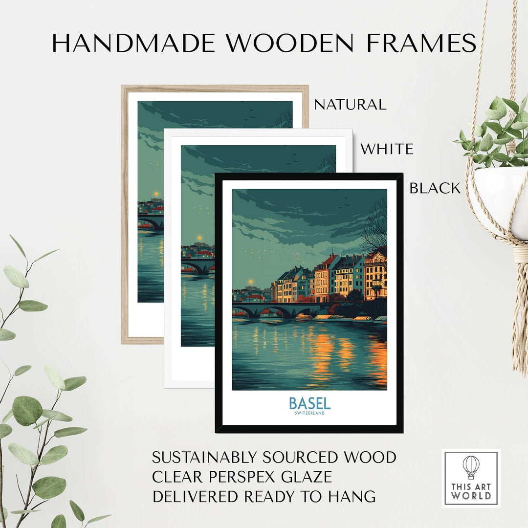 Handmade wooden frames in natural, white, and black for Basel Switzerland Old Town Reflections Poster.