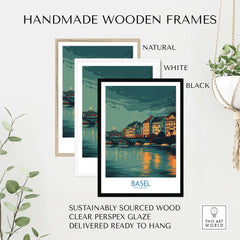 Basel Switzerland Old Town Reflections Poster - Travel Destination Decor in handmade wooden frames.