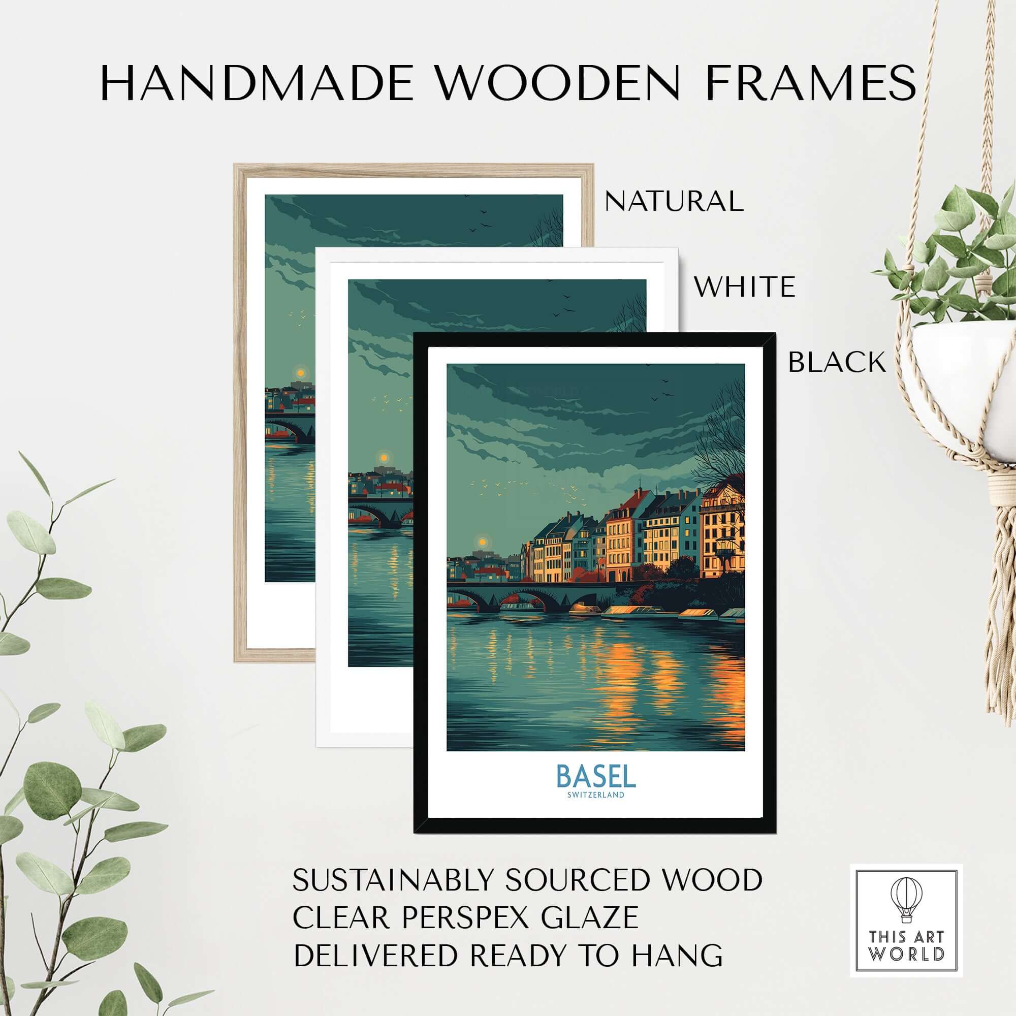 Basel Switzerland Old Town Reflections Poster - Travel Destination Decor in handmade wooden frames.