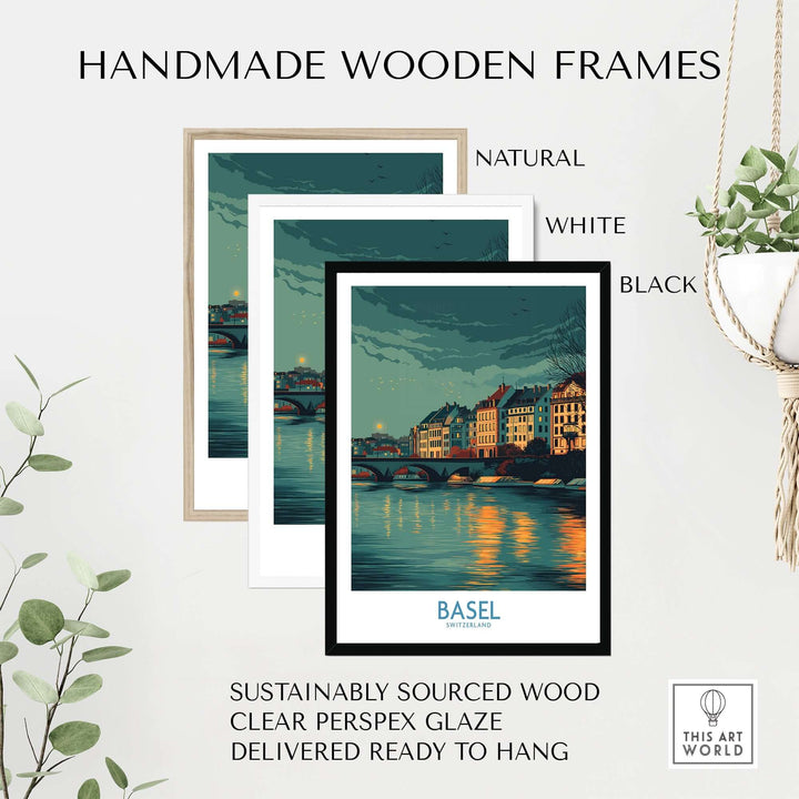 Handmade wooden frames in natural, white, and black for Basel Switzerland Old Town Reflections Poster.