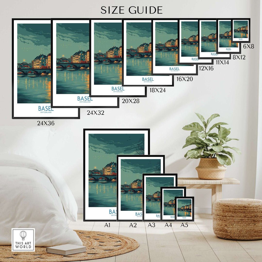 Size guide for Basel Switzerland Old Town Reflections poster in various dimensions and frame styles.