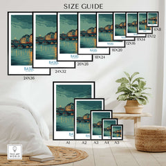 Basel Switzerland Old Town Reflections Poster - Travel Destination Decor size guide showing various print dimensions.