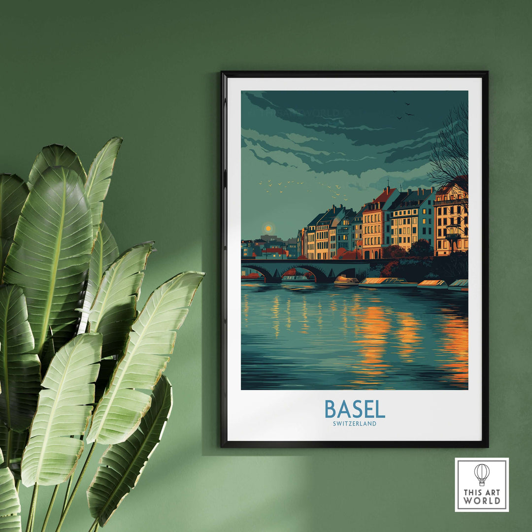 Basel Switzerland Old Town Reflections poster showcasing historic architecture and tranquil water scenery.