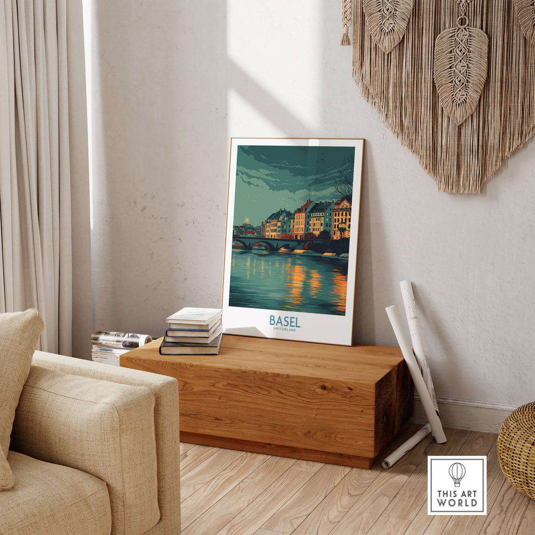 Basel Switzerland Old Town Reflections Poster displayed in a stylish living room decor setting.