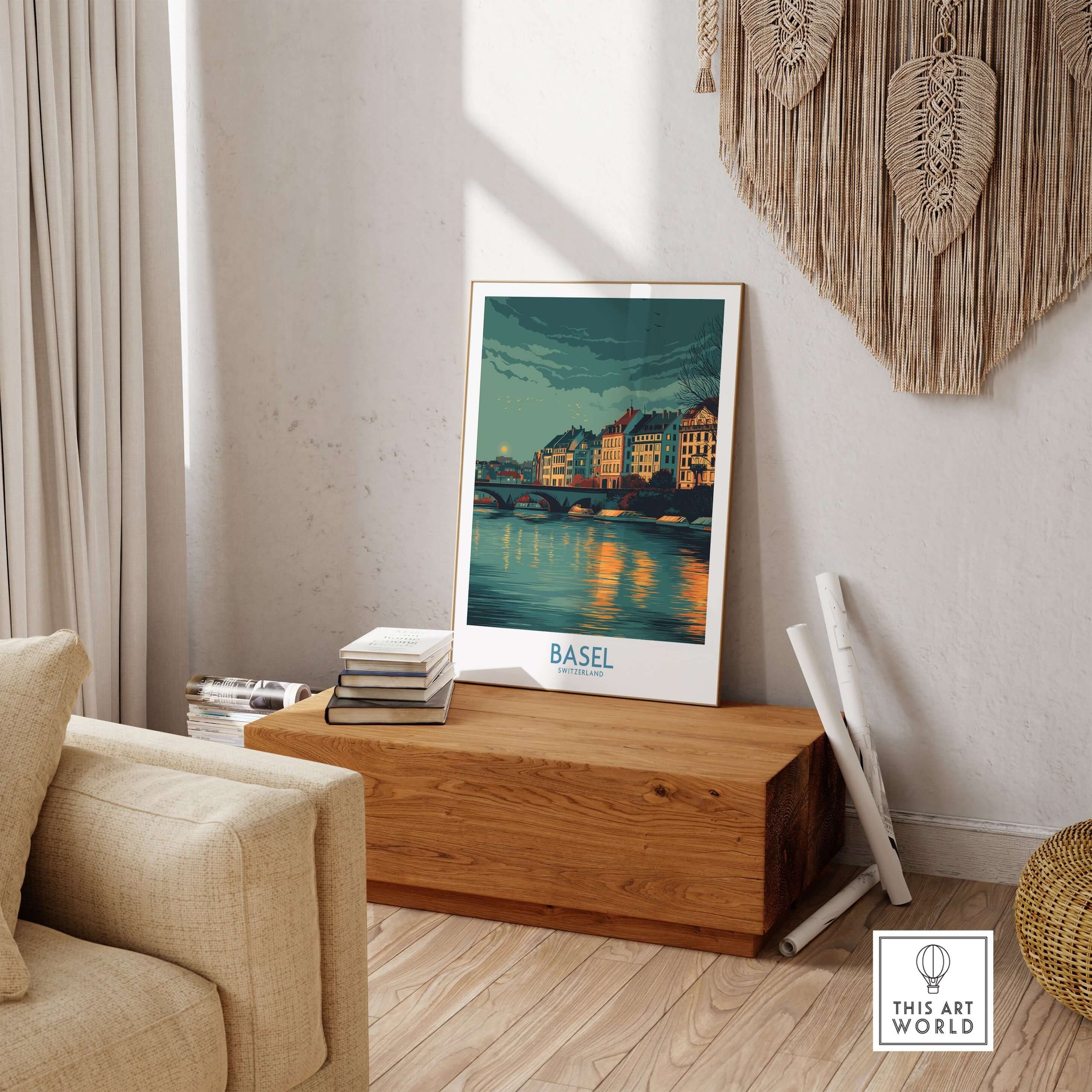 Basel Switzerland Old Town Reflections Poster - Travel Destination Decor displayed in a cozy interior setting.