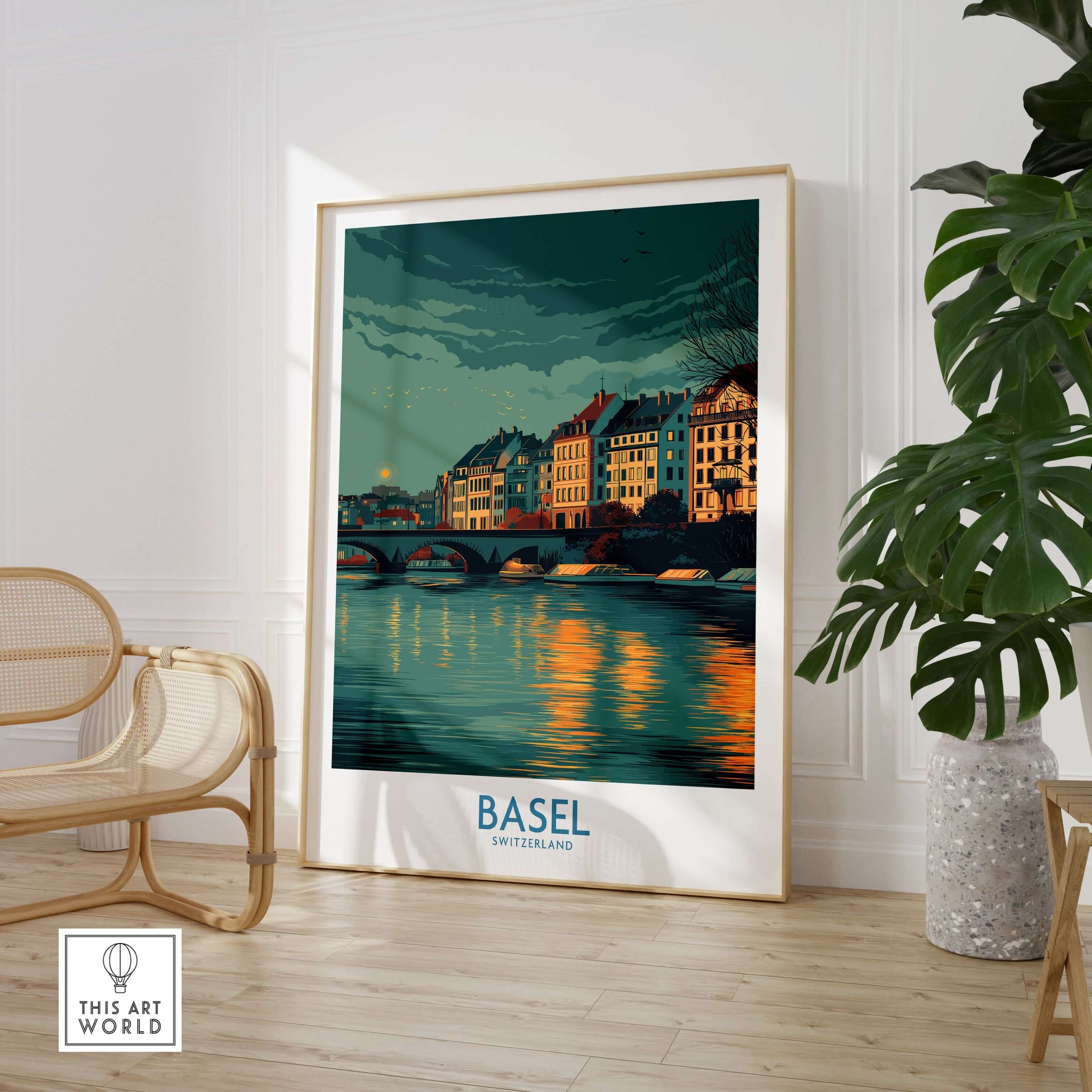 Basel Switzerland Old Town Reflections Poster - Travel Destination Decor featuring scenic waterfront view.