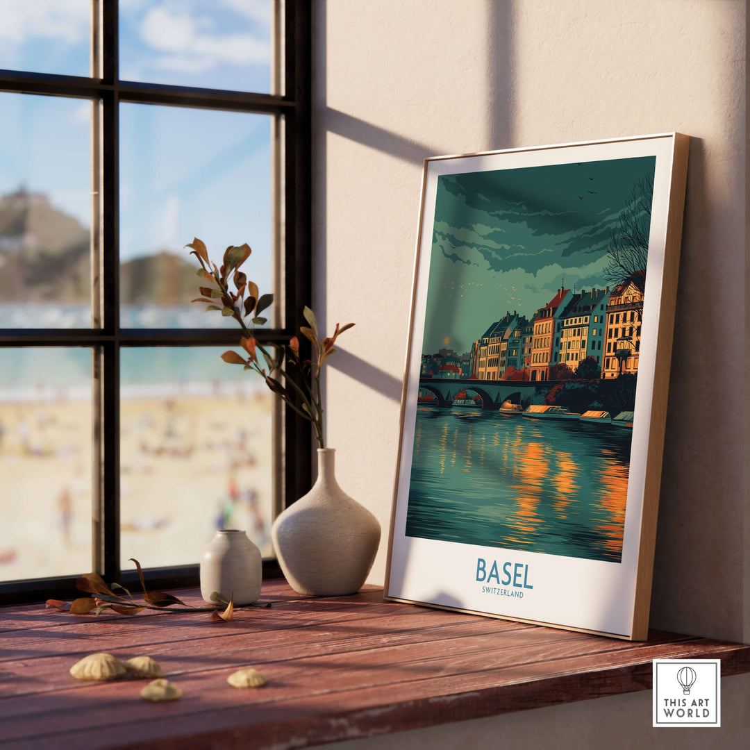 Basel Switzerland Old Town Reflections Poster on a windowsill with scenic view, enhancing travel destination decor.