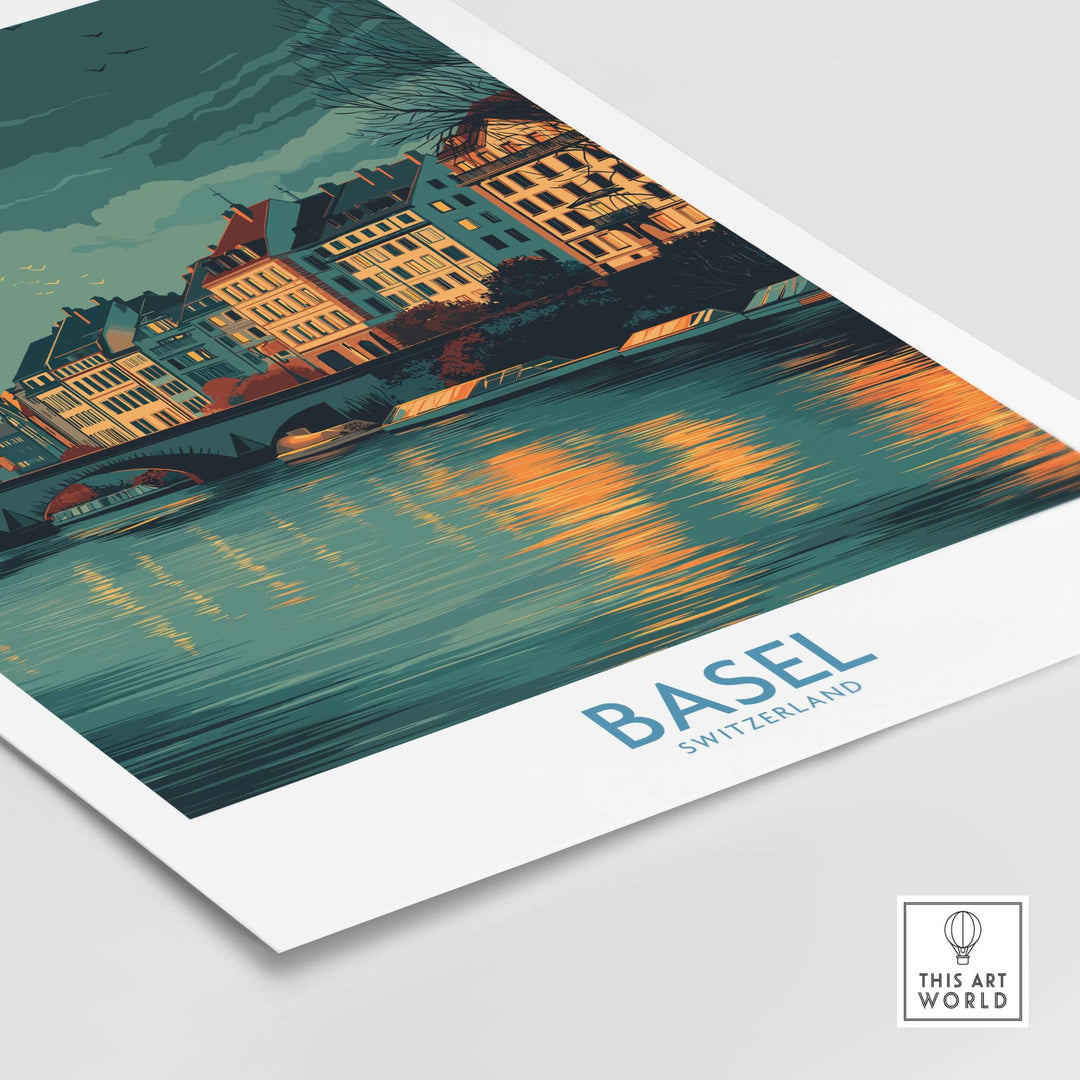 Basel Switzerland Old Town Reflections poster featuring historic buildings mirrored in tranquil waters.