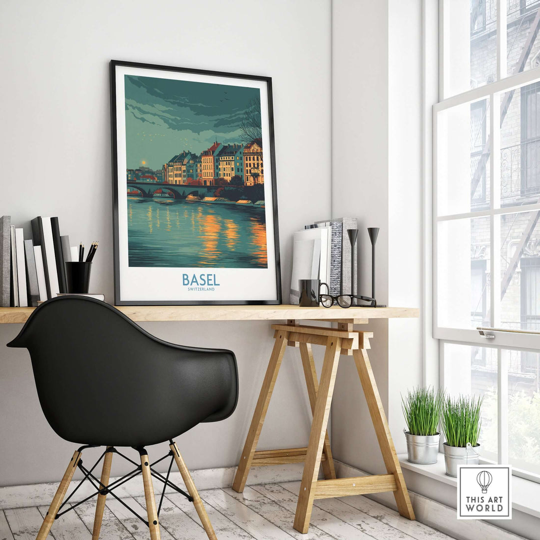 Basel Switzerland Old Town Reflections Poster displayed in a modern home office with stylish decor.