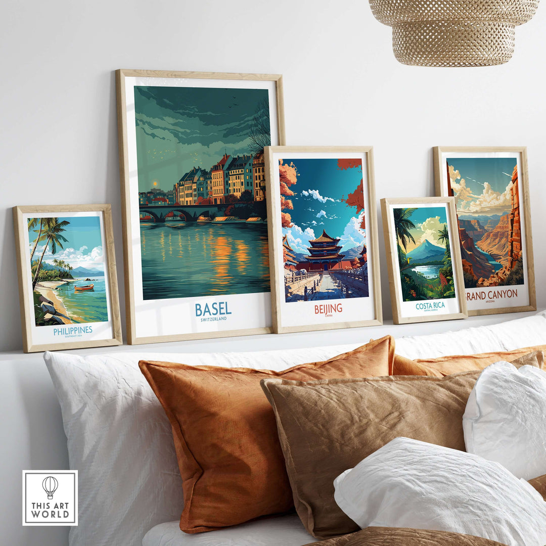 Basel Switzerland Old Town Reflections poster among travel-themed decor artworks in a stylish living room.