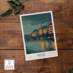Basel Switzerland Old Town Reflections Poster - Travel Destination Decor, showcasing historic architecture and tranquil waters.