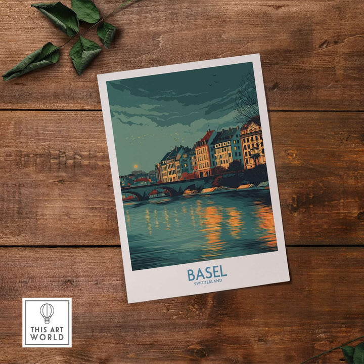 Basel Switzerland Old Town Reflections Poster with a scenic view of historic buildings mirrored in water.