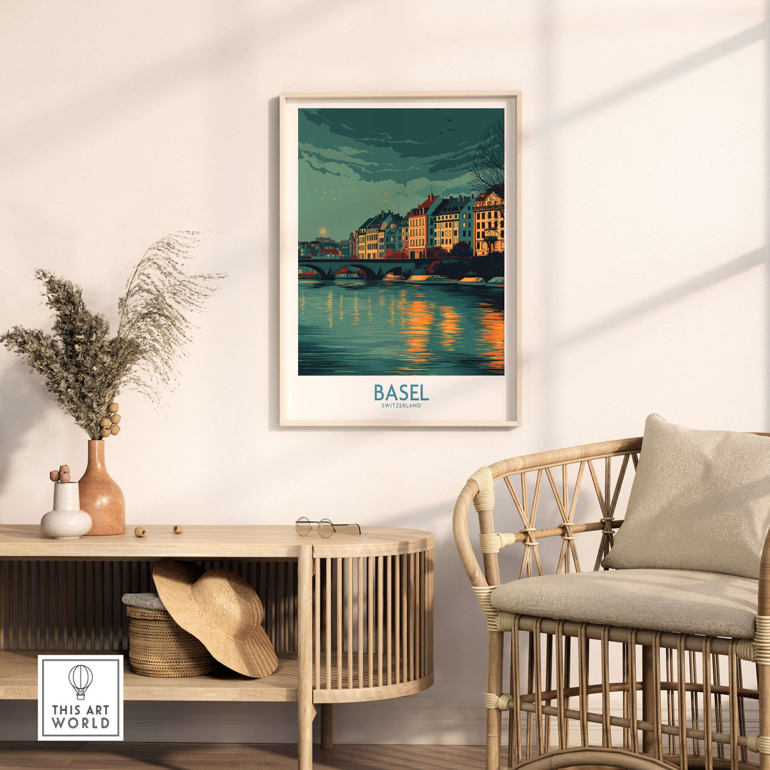 Basel Switzerland Old Town Reflections Poster displayed in stylish interior decor, featuring historical architecture and serene water.