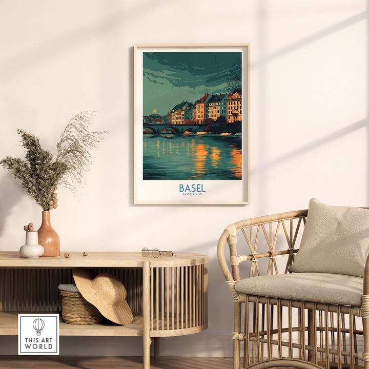 Basel Switzerland Old Town Reflections Poster displayed in stylish interior decor, featuring historical architecture and serene water.