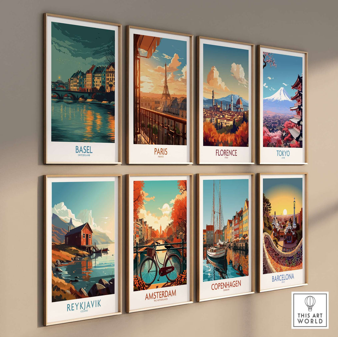 Gallery of travel destination posters including Basel, Paris, Florence, and Tokyo in colorful frames.