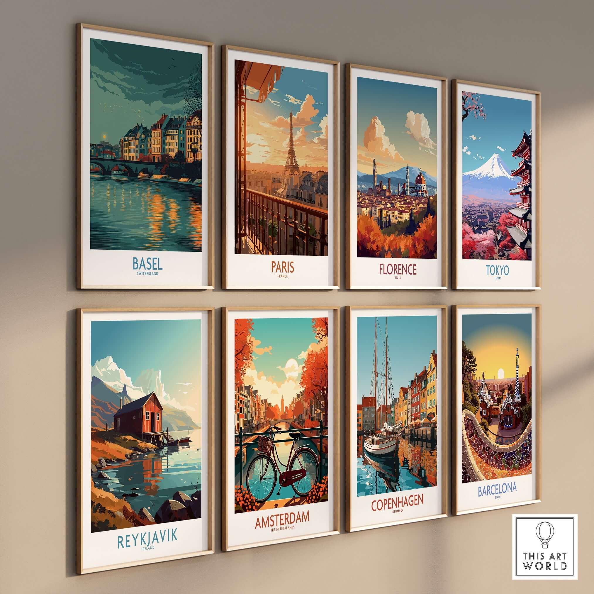 Basel Switzerland Old Town Reflections Poster - Travel Destination Decor displayed among other travel posters on a wall.