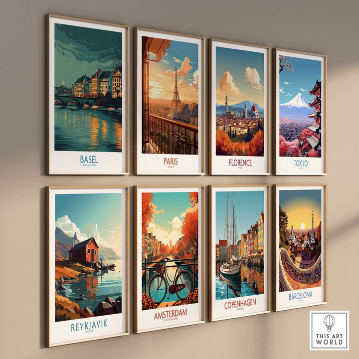 Gallery of travel destination posters including Basel, Paris, Florence, and Tokyo in colorful frames.