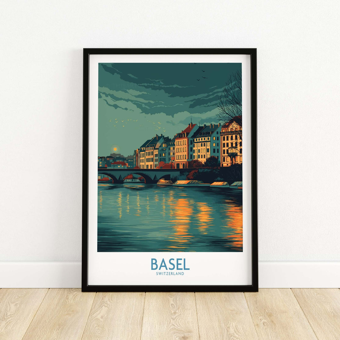 Basel Switzerland Old Town Reflections Poster featuring historic buildings and serene waters in vibrant colors.