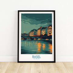 Basel Switzerland Old Town Reflections Poster - Travel Destination Decor displayed in a modern frame with scenic view.