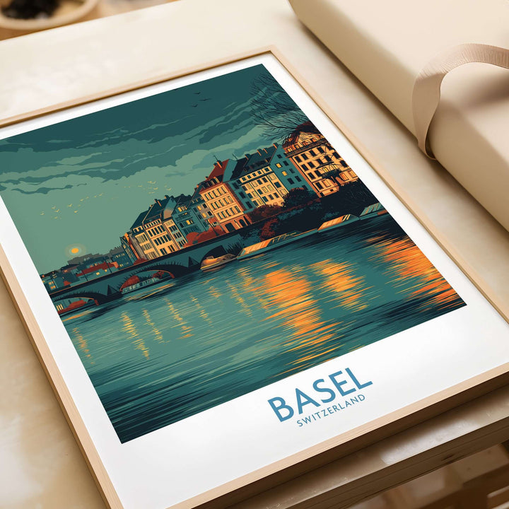 Basel Switzerland Old Town Reflections poster showcasing historic buildings and water reflections in a framed design.