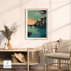 Basel Switzerland Old Town River View Poster - Historic Cityscape Wall Art on display in a cozy interior setting.