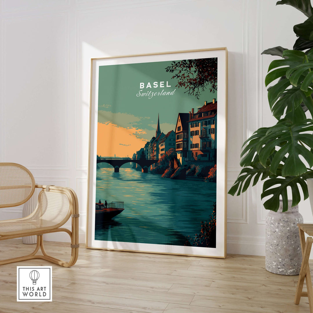 Basel Switzerland Old Town river view poster showcasing historic cityscape and scenic beauty of the Rhine.