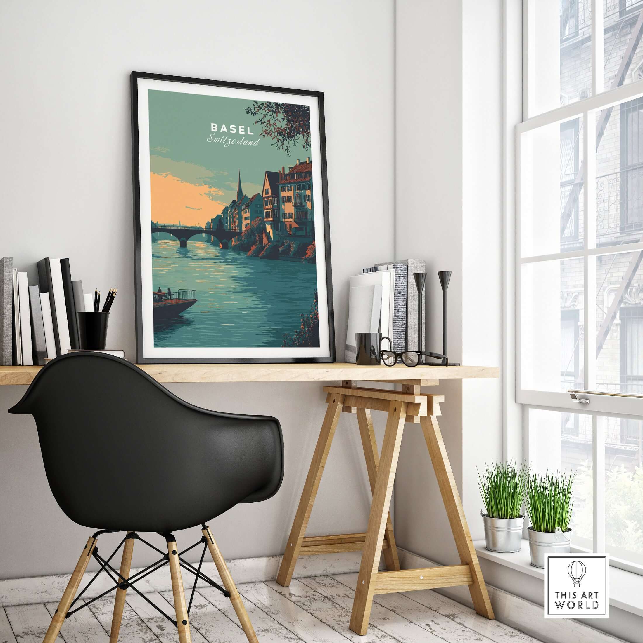 Basel Switzerland Old Town River View Poster - Historic Cityscape Wall Art displayed on a desk in an elegant interior.