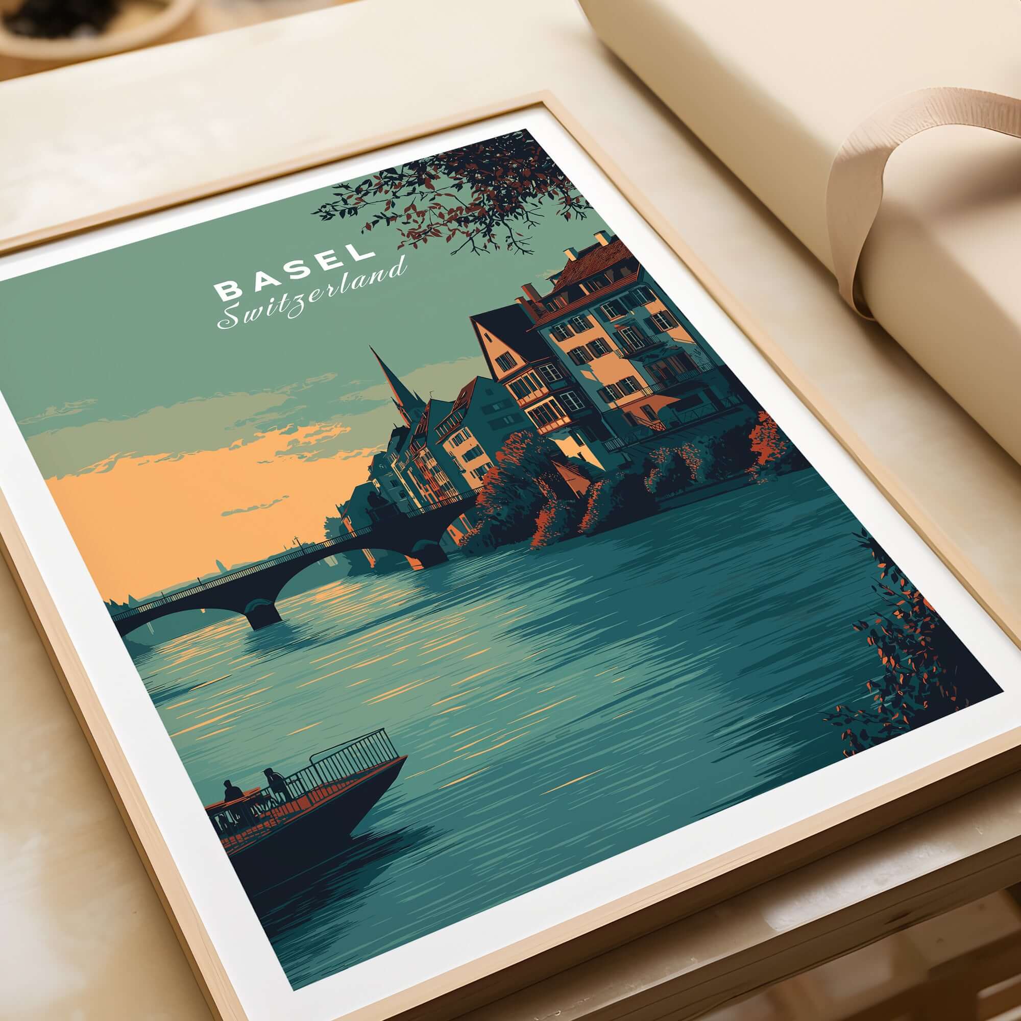 Basel Switzerland Old Town River View Poster - Historic Cityscape Wall Art showcasing the scenic river and charming architecture.