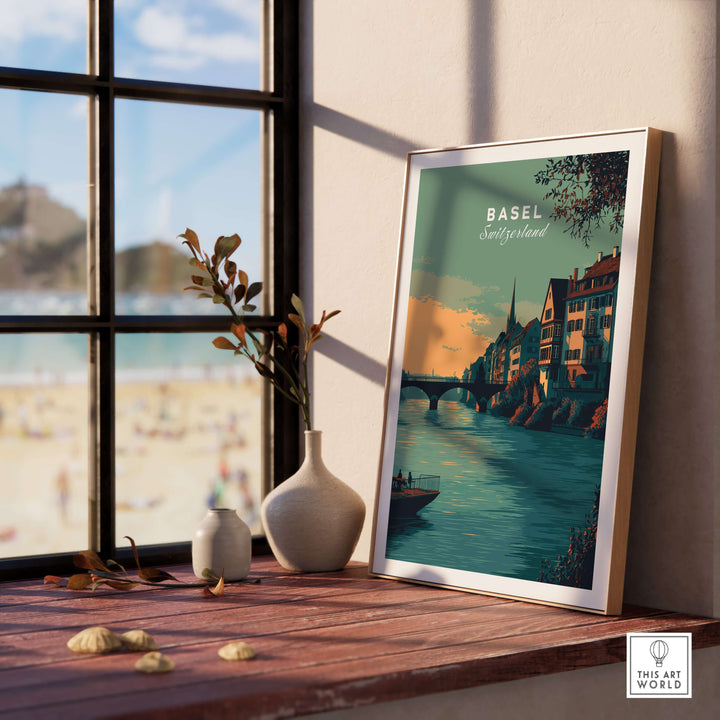 Basel Switzerland Old Town river view poster framed by window, showcasing historic architecture and scenic beauty.