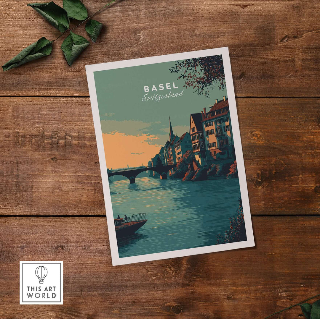 Basel Switzerland Old Town river view poster showcasing historic architecture over water, ideal for home decor.