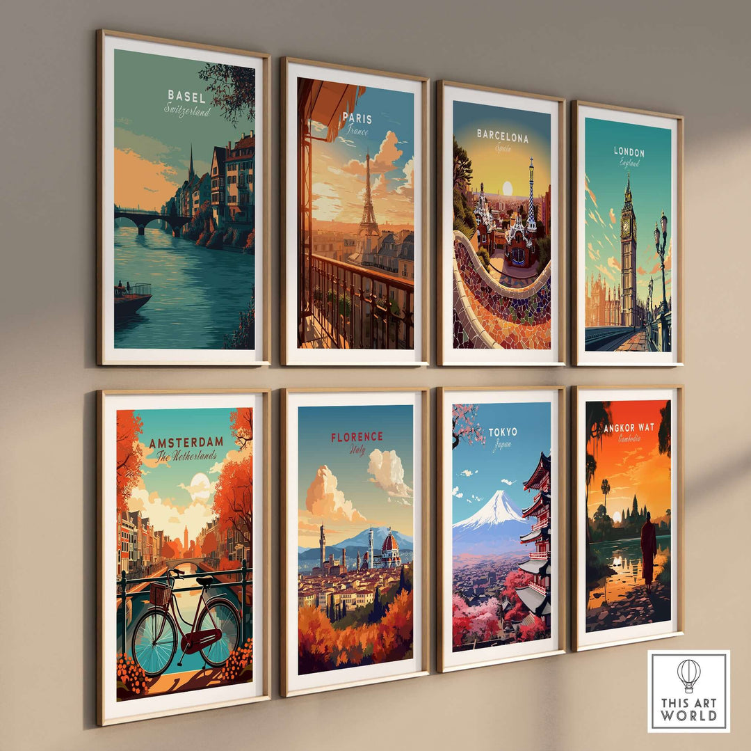 Framed cityscape posters featuring Basel, Paris, Barcelona, London, Amsterdam, Florence, Tokyo, and Angkor Wat.