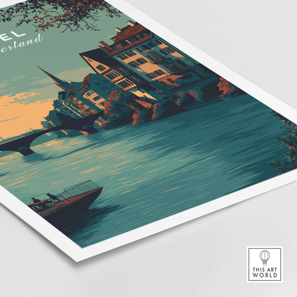 Basel Switzerland Old Town river view poster featuring historic architecture and scenic water landscapes.