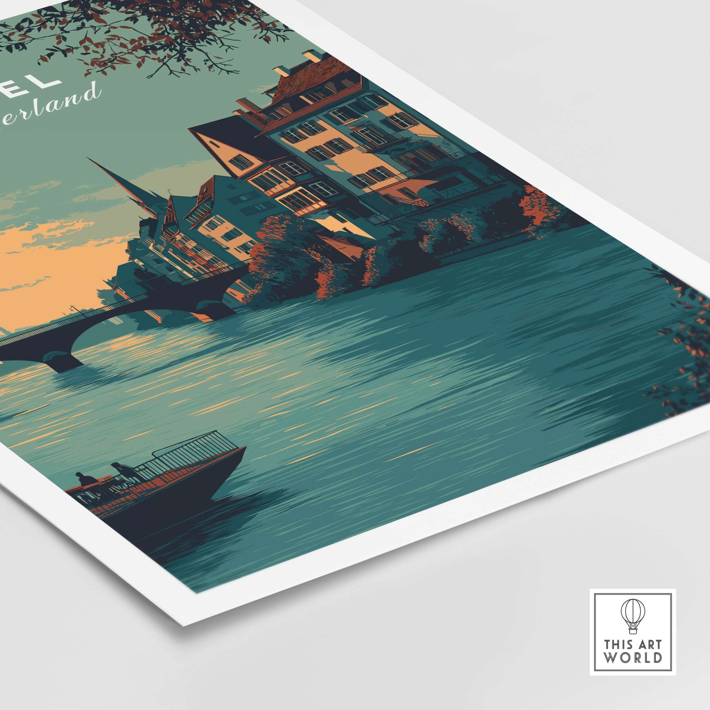 Basel Switzerland Old Town River View Poster - Historic Cityscape Wall Art showcasing charming city and water.