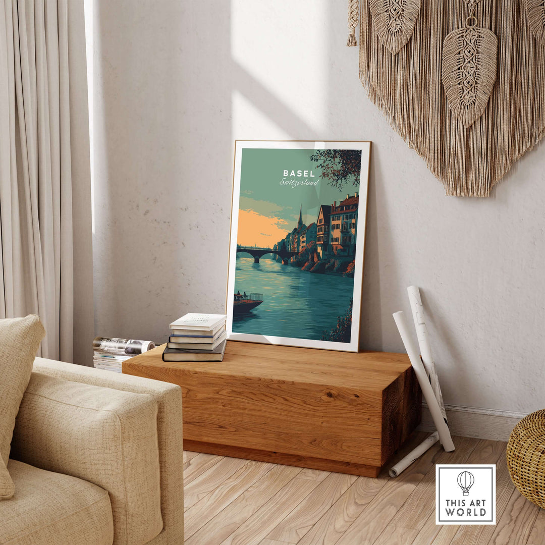 Basel Switzerland Old Town river view poster displayed in cozy interior, showcasing historic cityscape wall art.