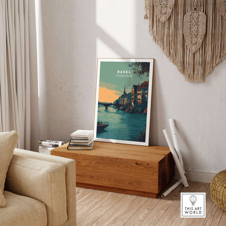 Basel Switzerland Old Town river view poster displayed in cozy interior, showcasing historic cityscape wall art.
