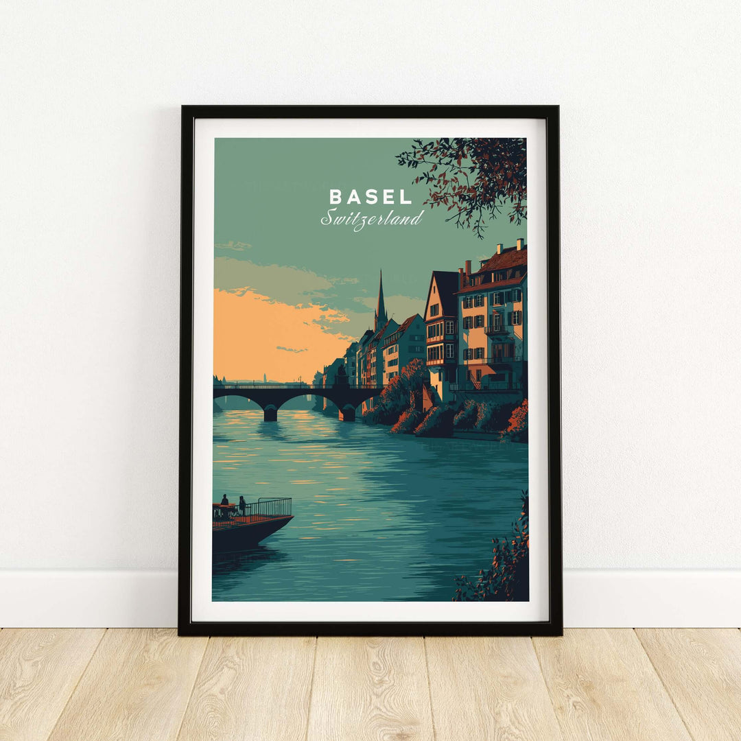 Basel Switzerland Old Town river view poster, showcasing historic architecture and scenic waterfront beauty.