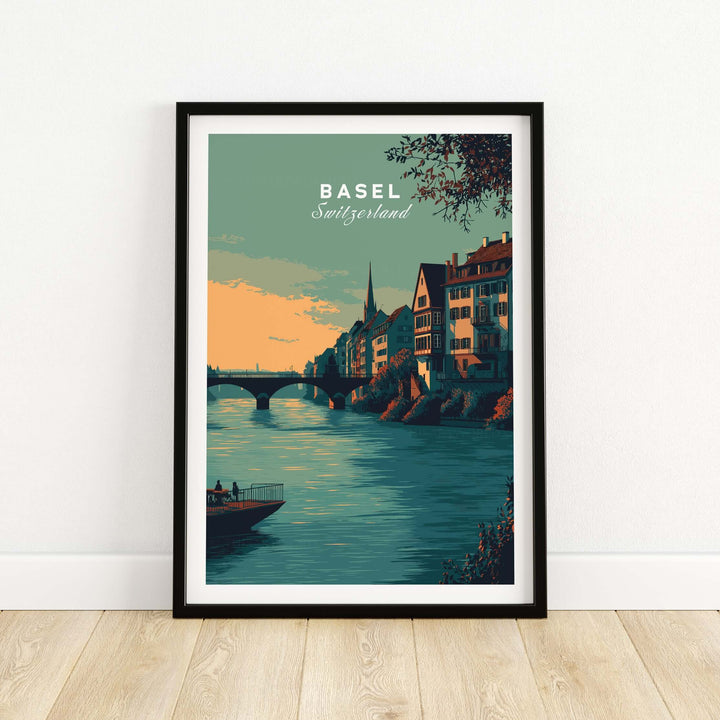 Basel Switzerland Old Town river view poster, showcasing historic architecture and scenic waterfront beauty.