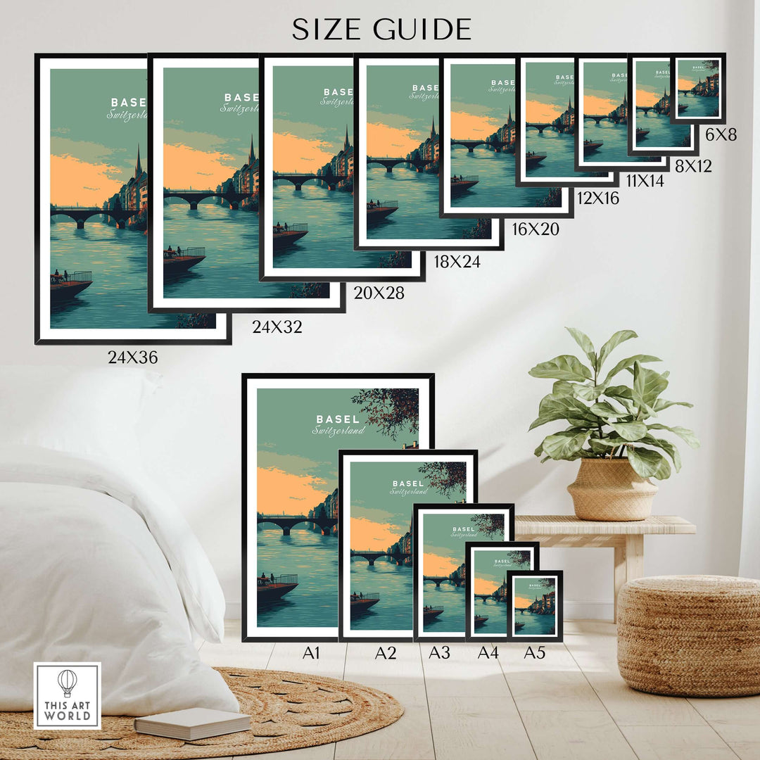 Size guide for Basel Switzerland Old Town river view poster showcasing various dimensions for wall art.