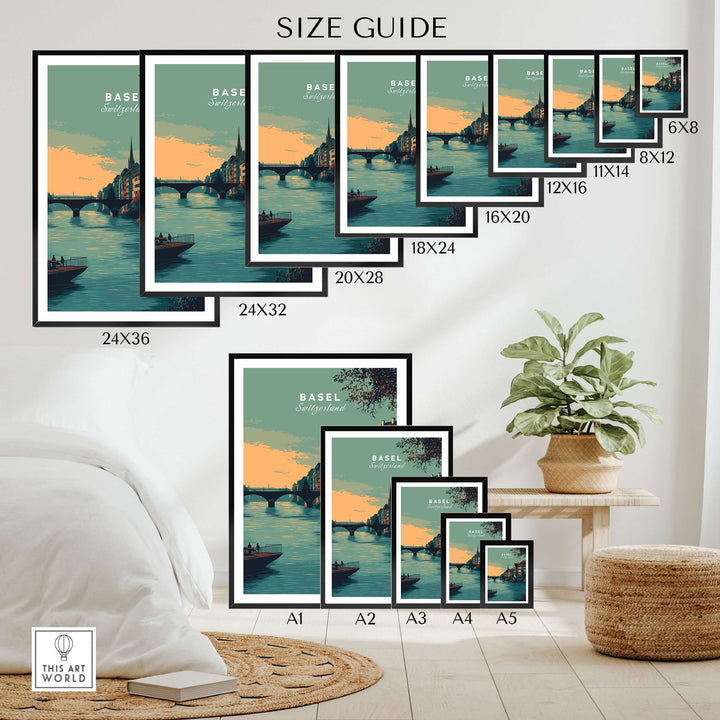 Size guide for Basel Switzerland Old Town river view poster showcasing various dimensions for wall art.
