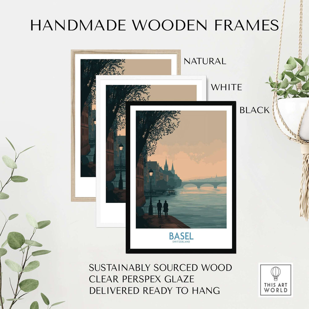 Handmade wooden frames for Basel Switzerland print in natural, white, and black finishes, sustainably sourced for elegance.
